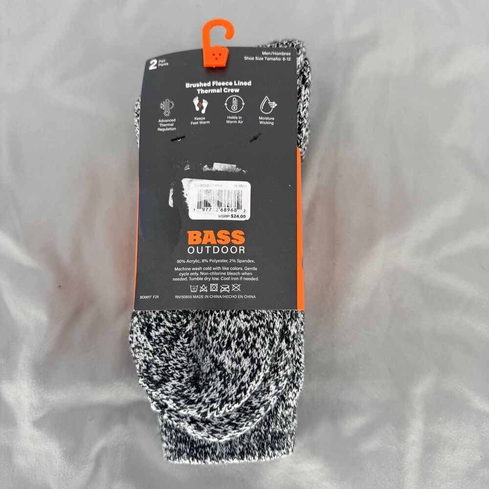 BASS Men's Socks Outdoor Brushed Fleece Lined Thermal Crew 2 Pairs - New - Picture 3 of 6